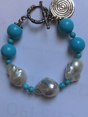 New Baroque Pearl  Statement Bracelet, Turquoise Blue Beads, Bali Silver Toggle